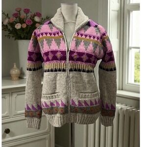 Lost Horizons Hand Knit Wool Zip Cardigan Fleece Lined Nordic Fair Isle Sweater